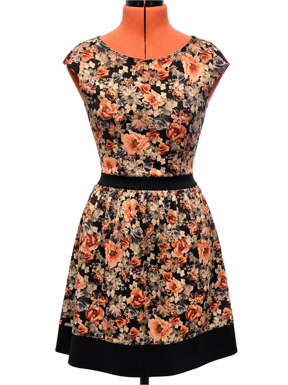 Floral Fit-and-Flare Dress in Black/Pink